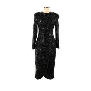 1980s Vintage Scarlett Rage Beaded Sequin Black Long Sleeve Cocktail Dress RARE